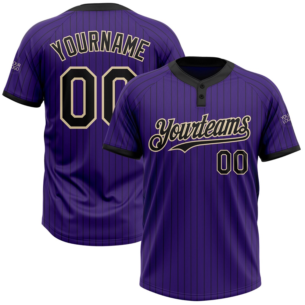 Purple Black Pinstripe Cream Two Button Unisex Softball Jersey, Custom Team Softball Jersey