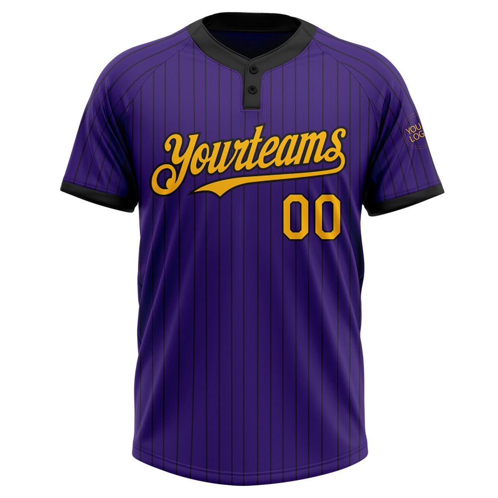 Purple Black Pinstripe Gold Two Button Unisex Softball Jersey, Custom Team Softball Jersey