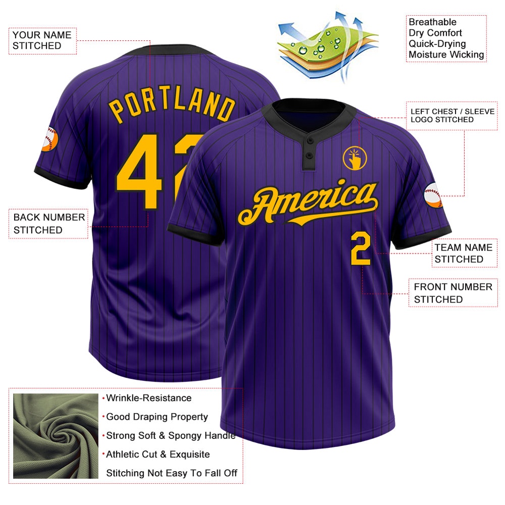 Purple Black Pinstripe Gold Two Button Unisex Softball Jersey, Custom Team Softball Jersey