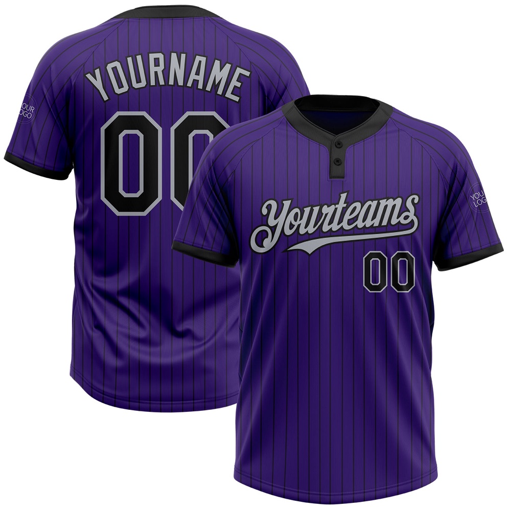 Purple Black Pinstripe Gray Two Button Unisex Softball Jersey, Custom Team Softball Jersey