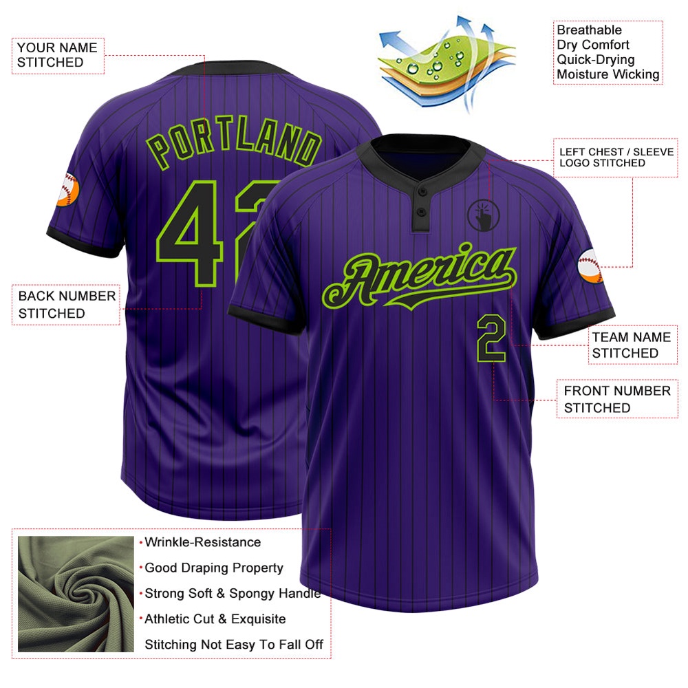 Purple Black Pinstripe Neon Green Two Button Unisex Softball Jersey, Custom Team Softball Jersey