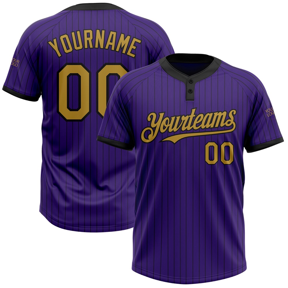 Purple Black Pinstripe Old Gold Two Button Unisex Softball Jersey, Custom Team Softball Jersey