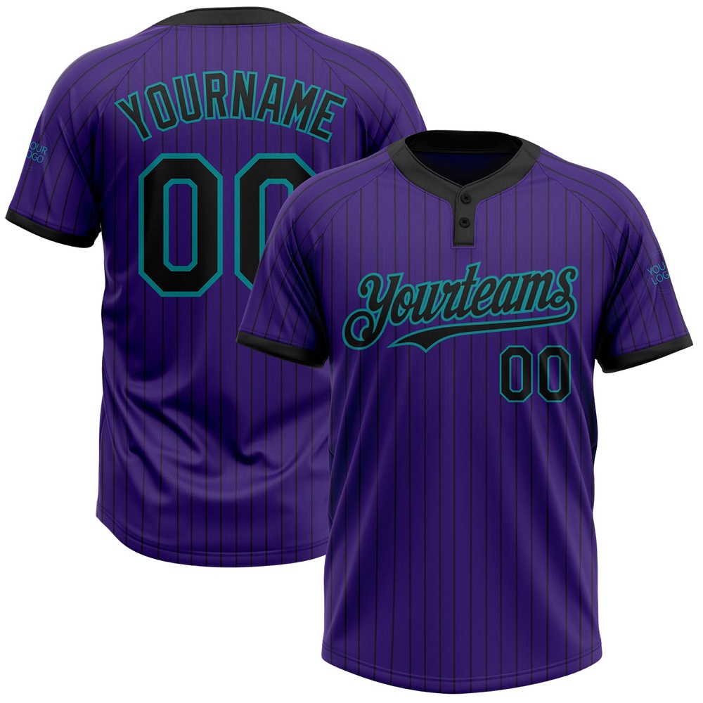 Purple Black Pinstripe Teal Two Button Unisex Softball Jersey, Custom Team Softball Jersey