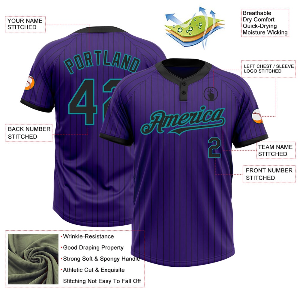 Purple Black Pinstripe Teal Two Button Unisex Softball Jersey, Custom Team Softball Jersey