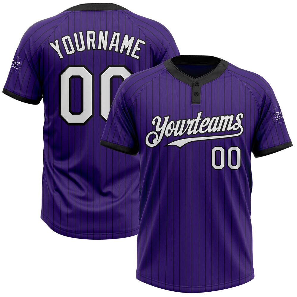 Purple Black Pinstripe White Two Button Unisex Softball Jersey, Custom Team Softball Jersey