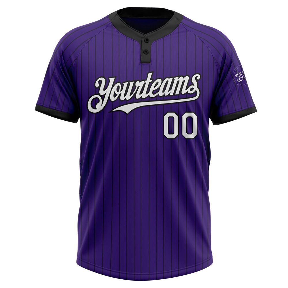 Purple Black Pinstripe White Two Button Unisex Softball Jersey, Custom Team Softball Jersey