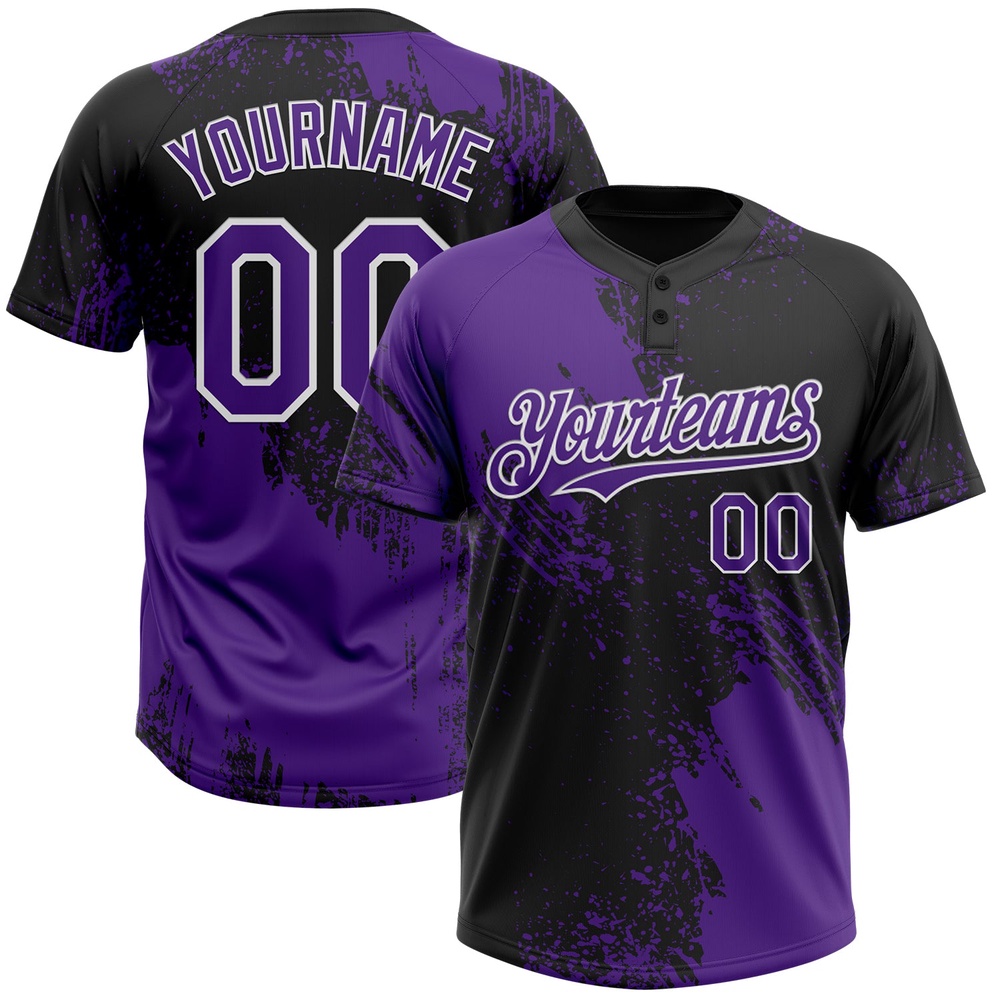Purple Black White 3D Pattern Abstract Brush Stroke Two Button Unisex Softball Jersey, Custom Team Softball Jersey