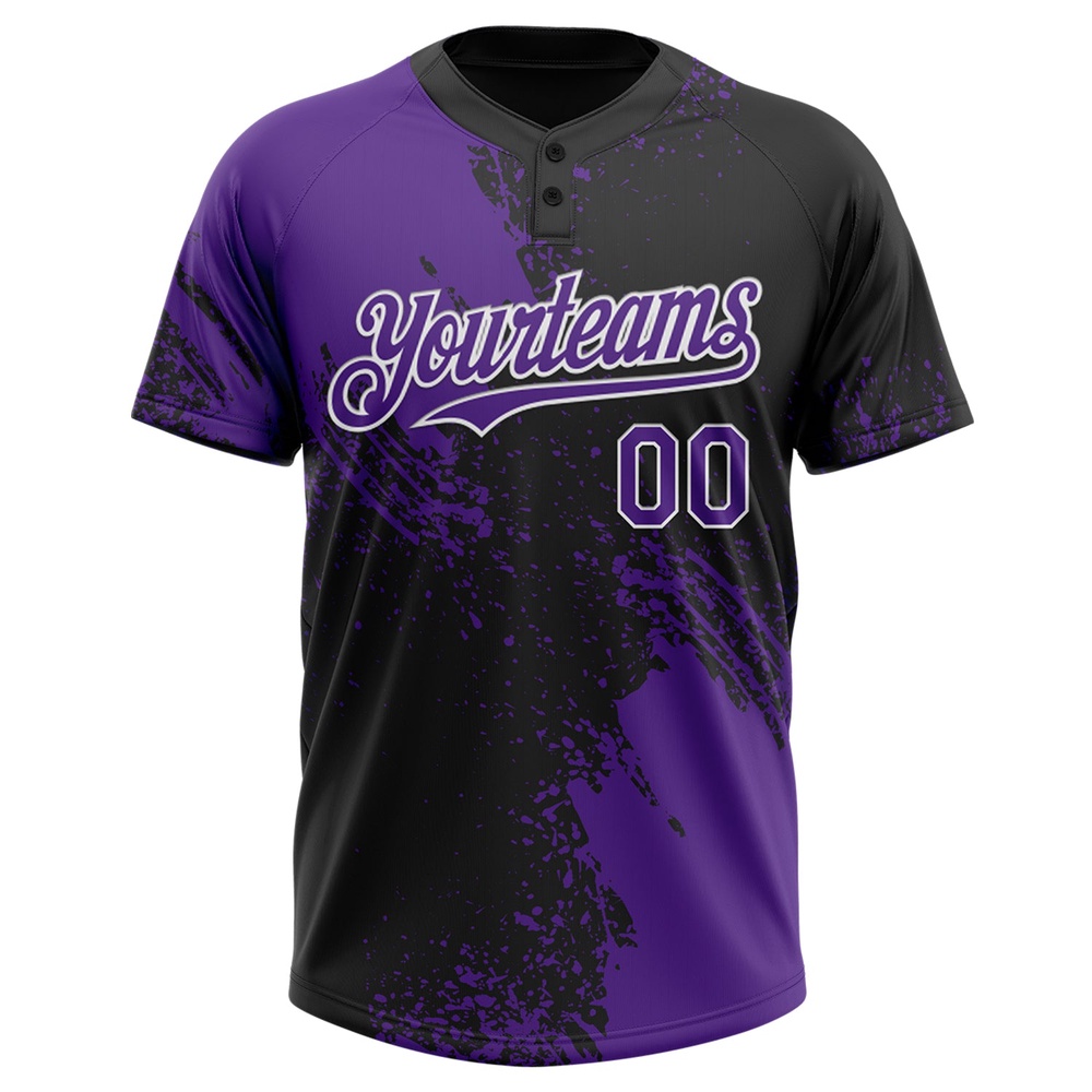 Purple Black White 3D Pattern Abstract Brush Stroke Two Button Unisex Softball Jersey, Custom Team Softball Jersey