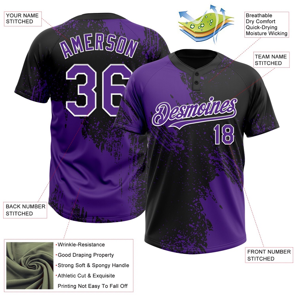 Purple Black White 3D Pattern Abstract Brush Stroke Two Button Unisex Softball Jersey, Custom Team Softball Jersey