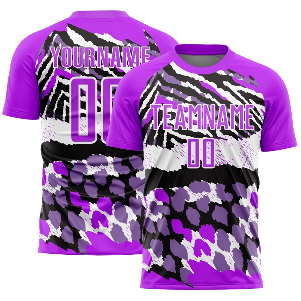 Purple Black White Animal Print Sublimation Soccer Uniform Jersey, Custom Team Soccer Jersey Shirt