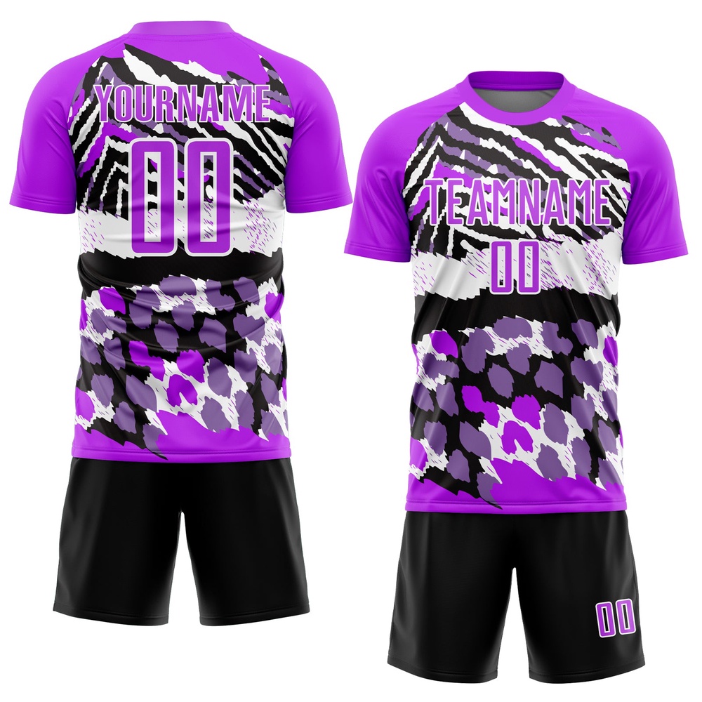 Purple Black White Animal Print Sublimation Soccer Uniform Jersey, Custom Team Soccer Jersey Shirt