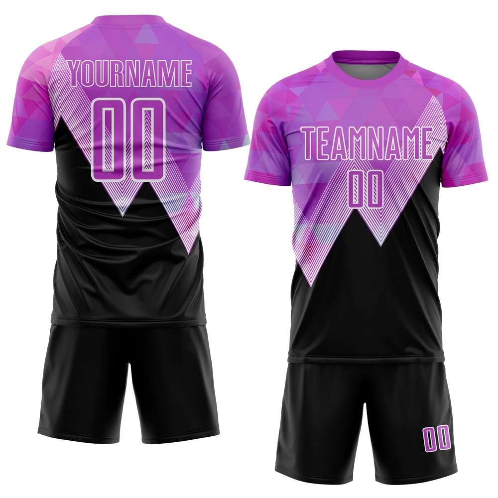Purple Black White Geometric Pattern Sublimation Soccer Uniform Jersey, Custom Team Soccer Jersey Shirt