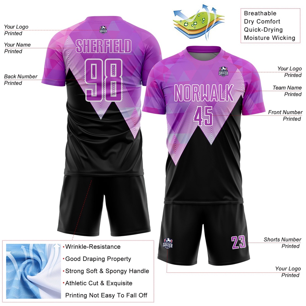Purple Black White Geometric Pattern Sublimation Soccer Uniform Jersey, Custom Team Soccer Jersey Shirt