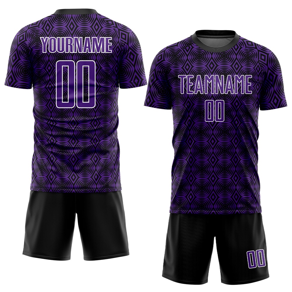 Purple Black White Geometric Shapes Sublimation Soccer Uniform Jersey, Custom Team Soccer Jersey Shirt