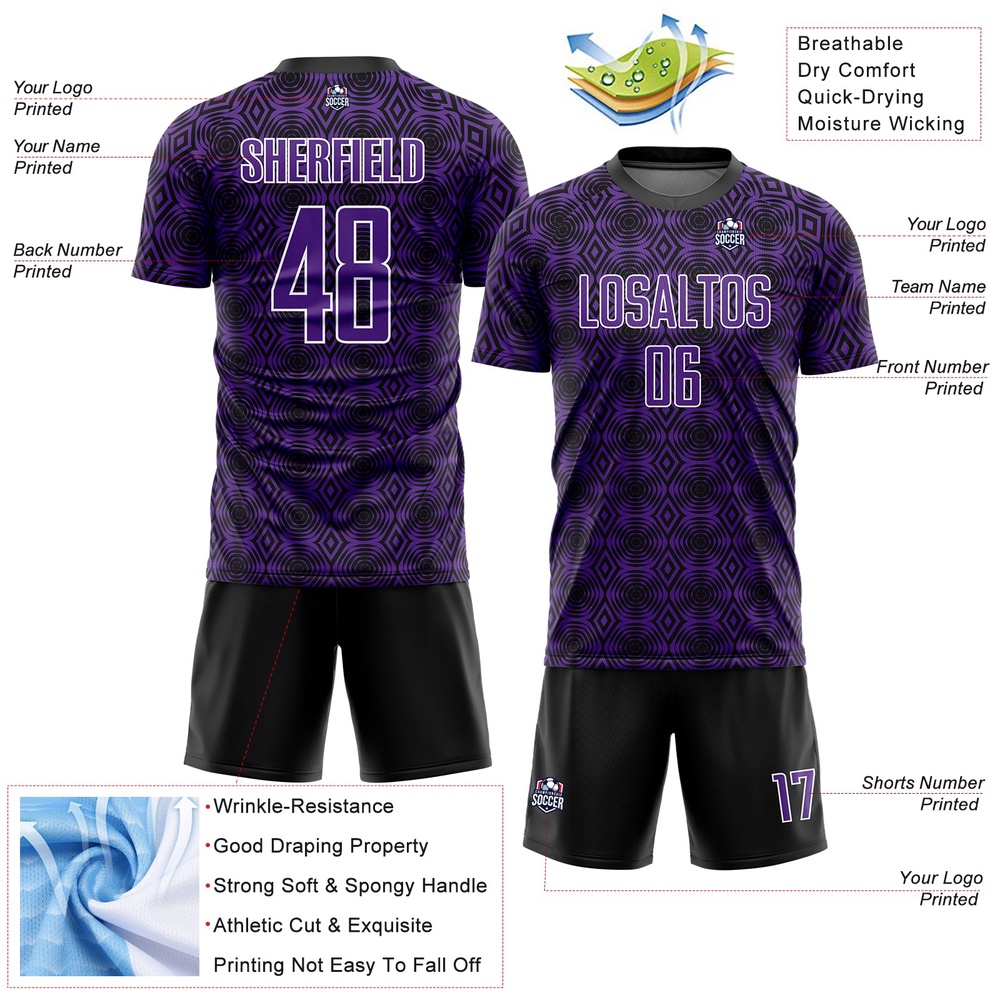 Purple Black White Geometric Shapes Sublimation Soccer Uniform Jersey, Custom Team Soccer Jersey Shirt