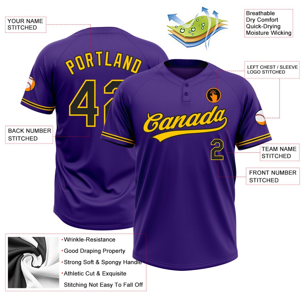 Purple Black Yellow Two Button Unisex Softball Jersey, Custom Team Softball Jersey