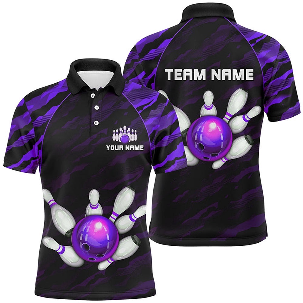 Purple Camo Bowling Polo Shirts Unisex Bowling Team Polo Shirt Men Women, Personalized Bowling Team Shirt