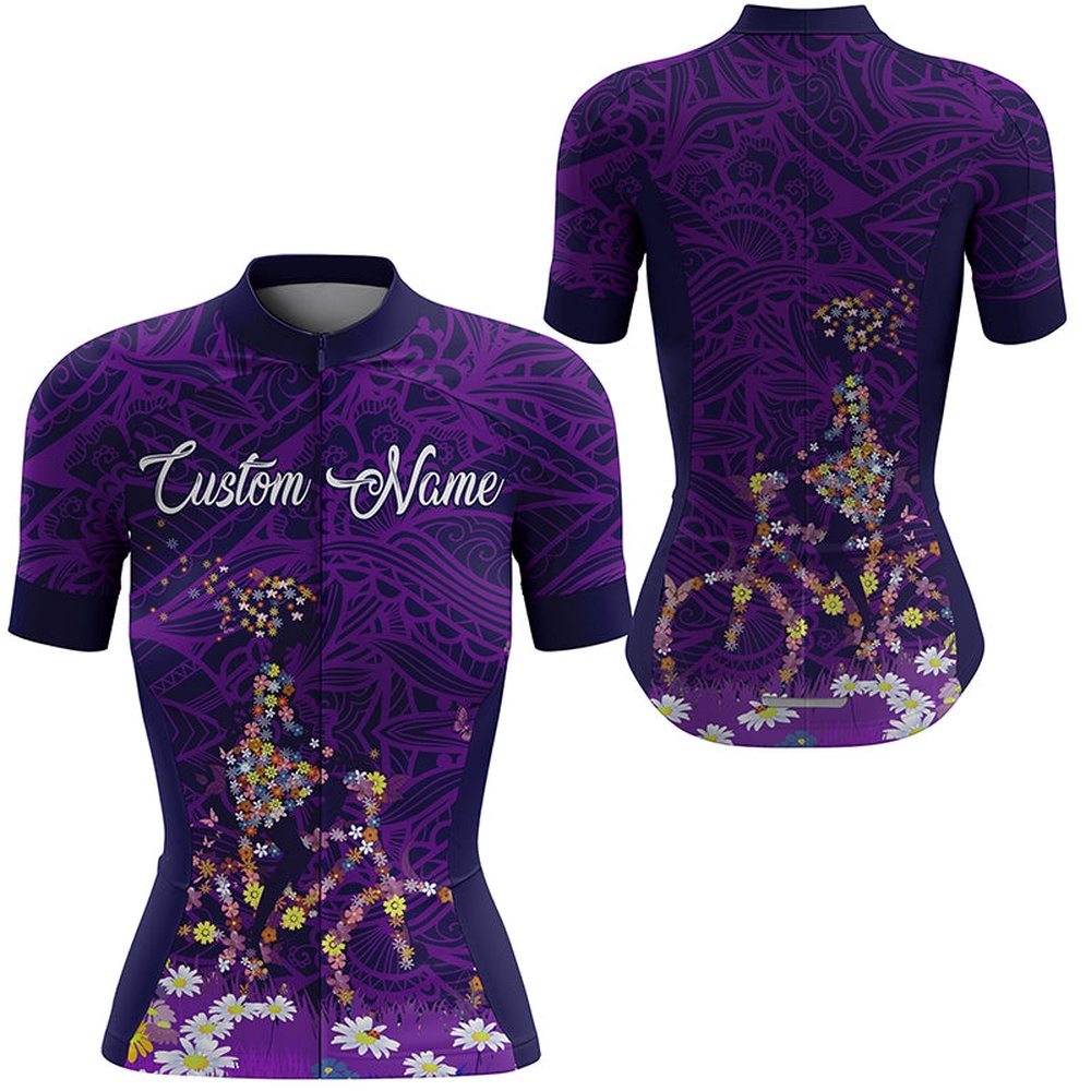 Purple Cycling Jersey Women With Pockets Full Zip Cycle Gear Bike Shirt Women Bicycle Tops, Custom Mono Cycling Jersey