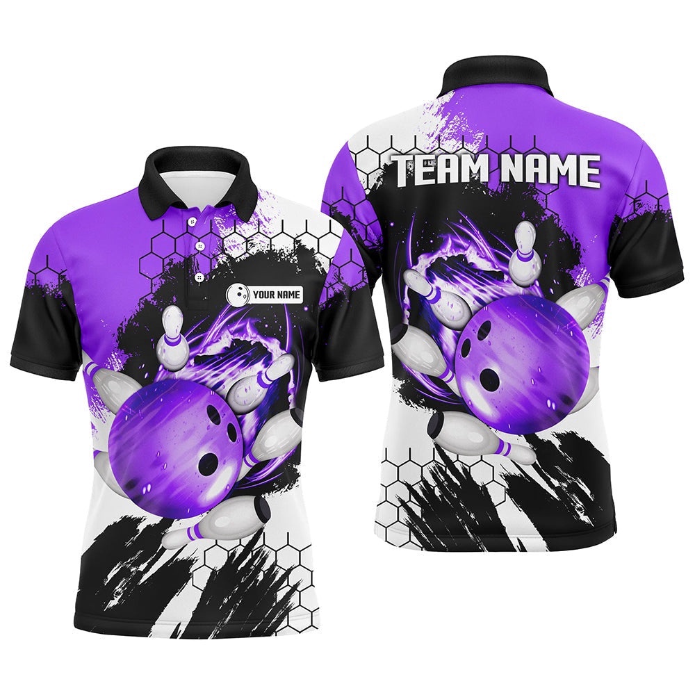 Purple Flame Bowling Ball And Pins Polo Shirt Custom Team League Bowling Polo Shirts For Men, Personalized Bowling Team Shirt