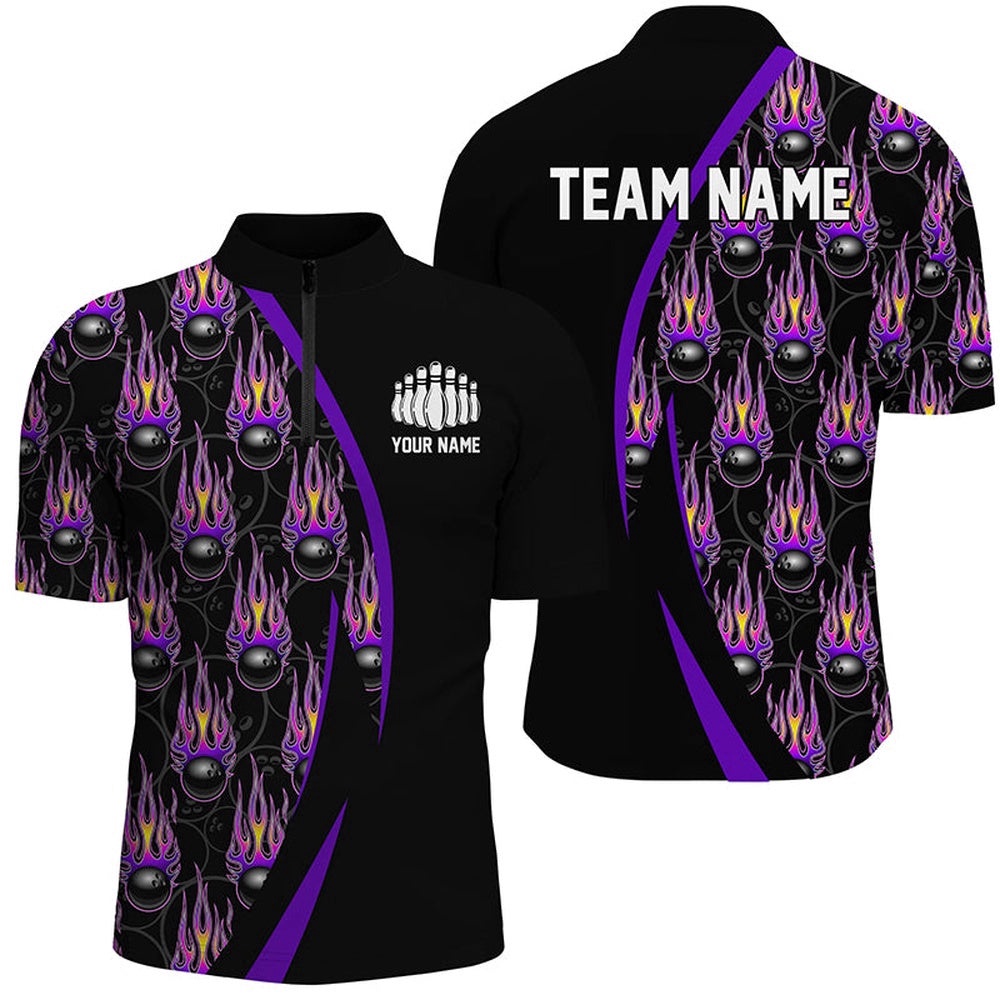 Purple Flame Bowling Ball Pattern Bowling Shirts For Men, Fire Bowling League Outfits, Custom Bowling Team Jersey Shirt