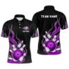 Purple Flame Bowling Ball And Pins Polo Shirt Custom Team League Bowling Polo Shirts For Men, Personalized Bowling Team Shirt