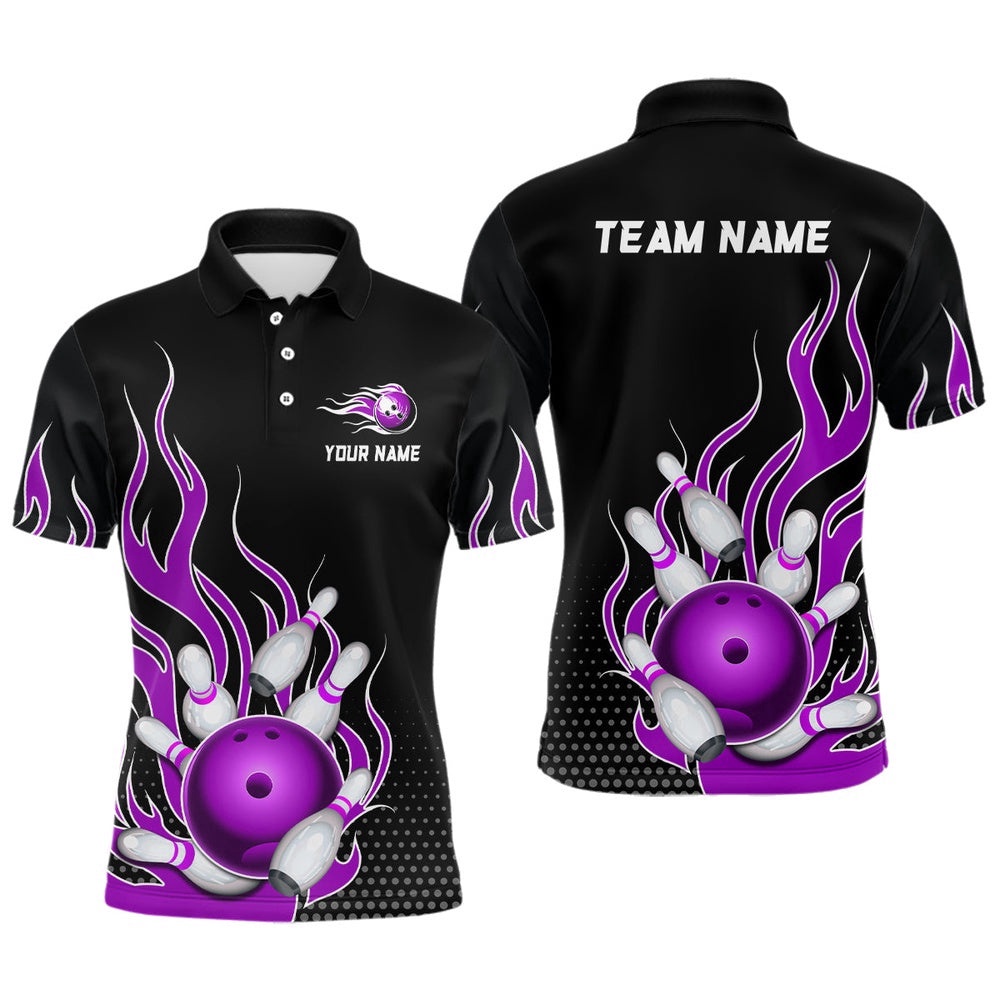 Purple Flame Bowling Polo Shirts For Men And Women Custom Bowling Team Polo Shirt Unisex, Personalized Bowling Team Shirt