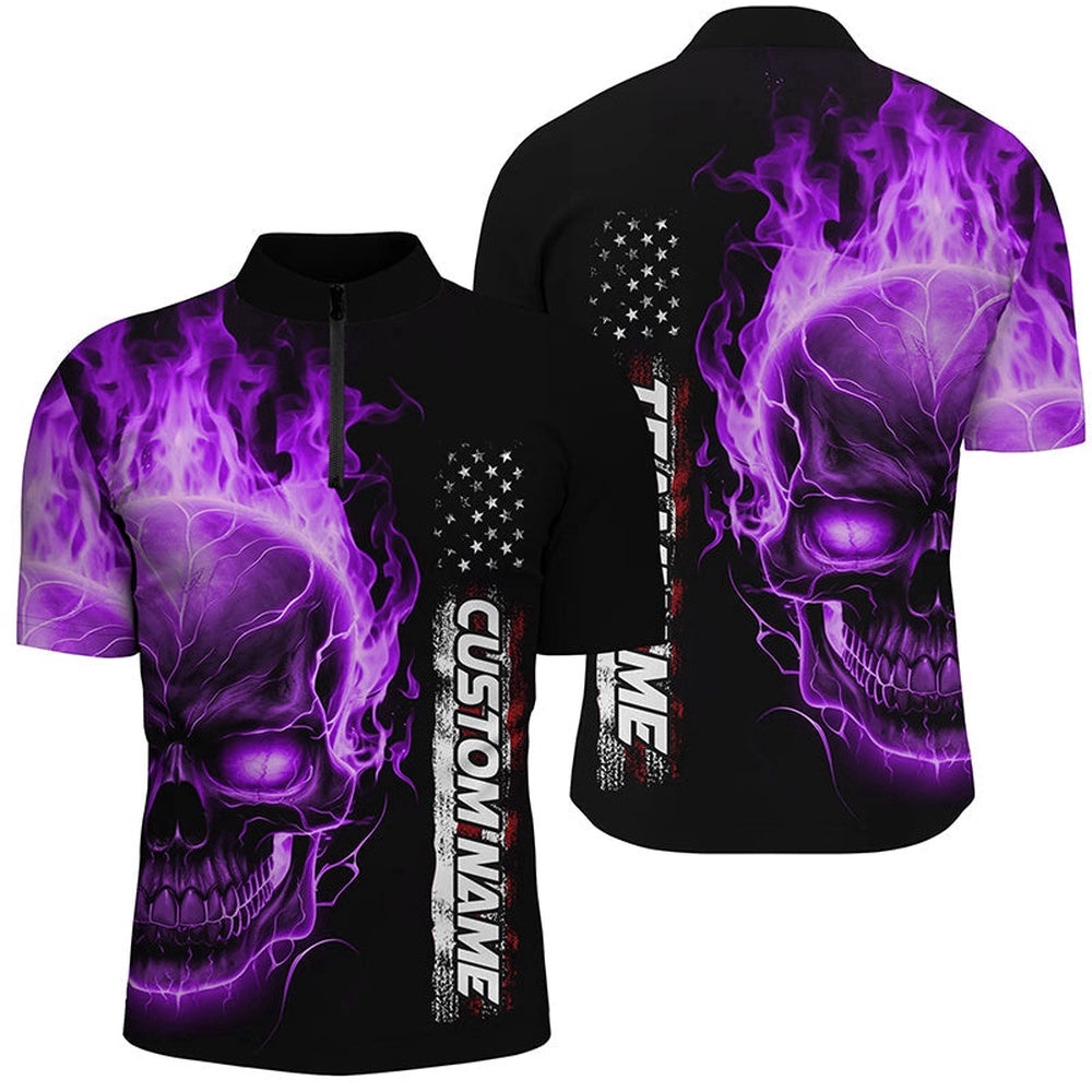Purple Flame Skull Bowling Jersey For Men And Women, American Bowling Team Jersey, Custom Bowling Team Jersey Shirt