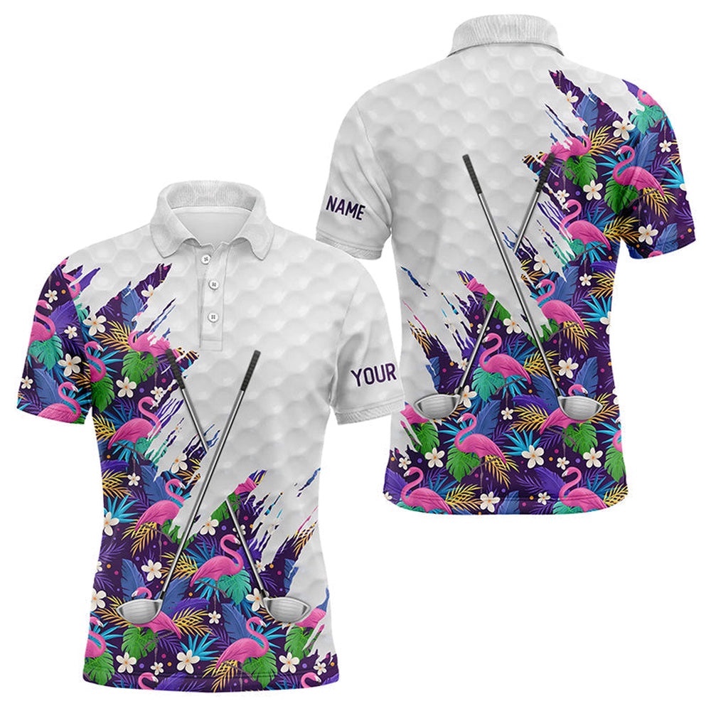 Purple Flamingo Tropical Pattern Custom Name White Men’s Team Men’s Golf Tops, Golf Polo Shirt, Golf Shirts