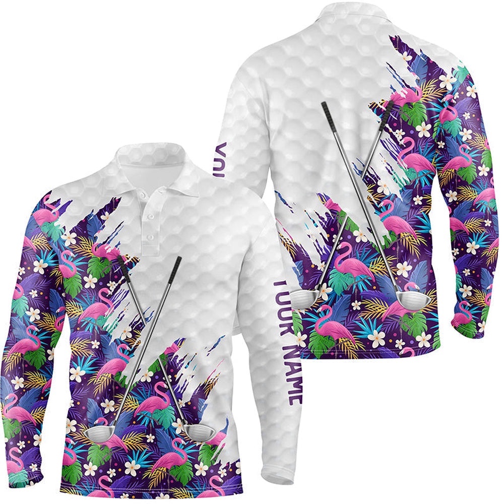 Purple Flamingo Tropical Pattern Custom Name White Men’s Team Men’s Golf Tops, Golf Polo Shirt, Golf Shirts