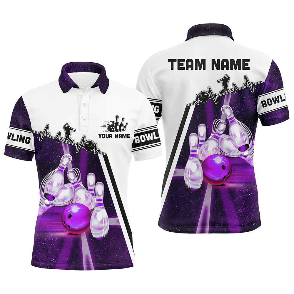 Purple Galaxy Light Bowling Ball Pins Custom Bowling Polo Team League Polo Shirt, Personalized Bowling Team Shirt
