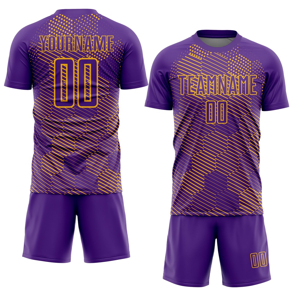 Purple Gold Abstract Hexagon Sublimation Soccer Uniform Jersey, Custom Team Soccer Jersey Shirt