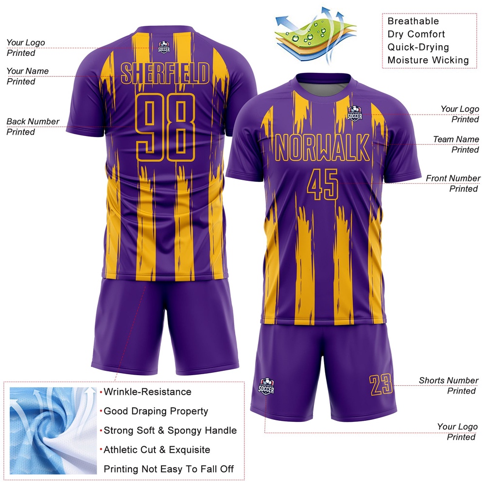 Purple Gold Abstract Stripes Sublimation Soccer Uniform Jersey, Custom Team Soccer Jersey Shirt