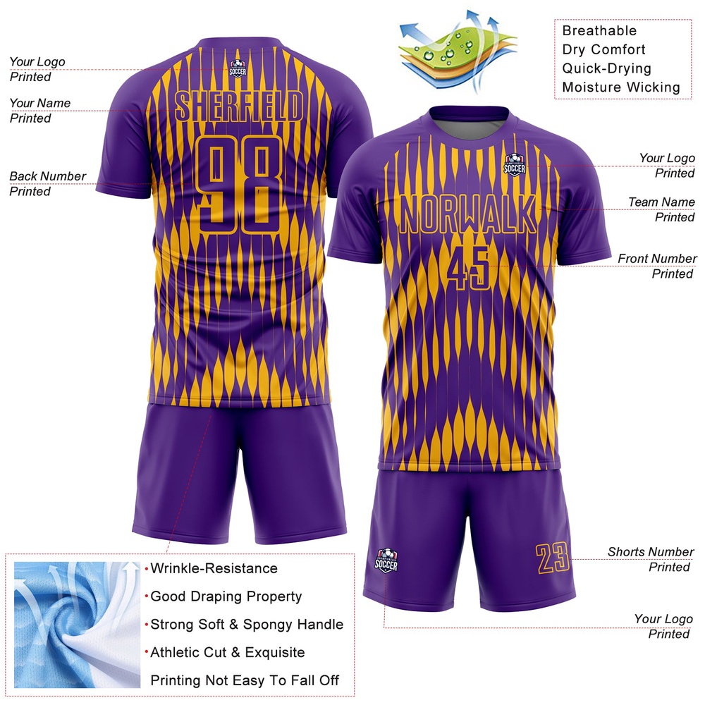 Purple Gold Abstract Triangle Sublimation Soccer Uniform Jersey, Custom Team Soccer Jersey Shirt