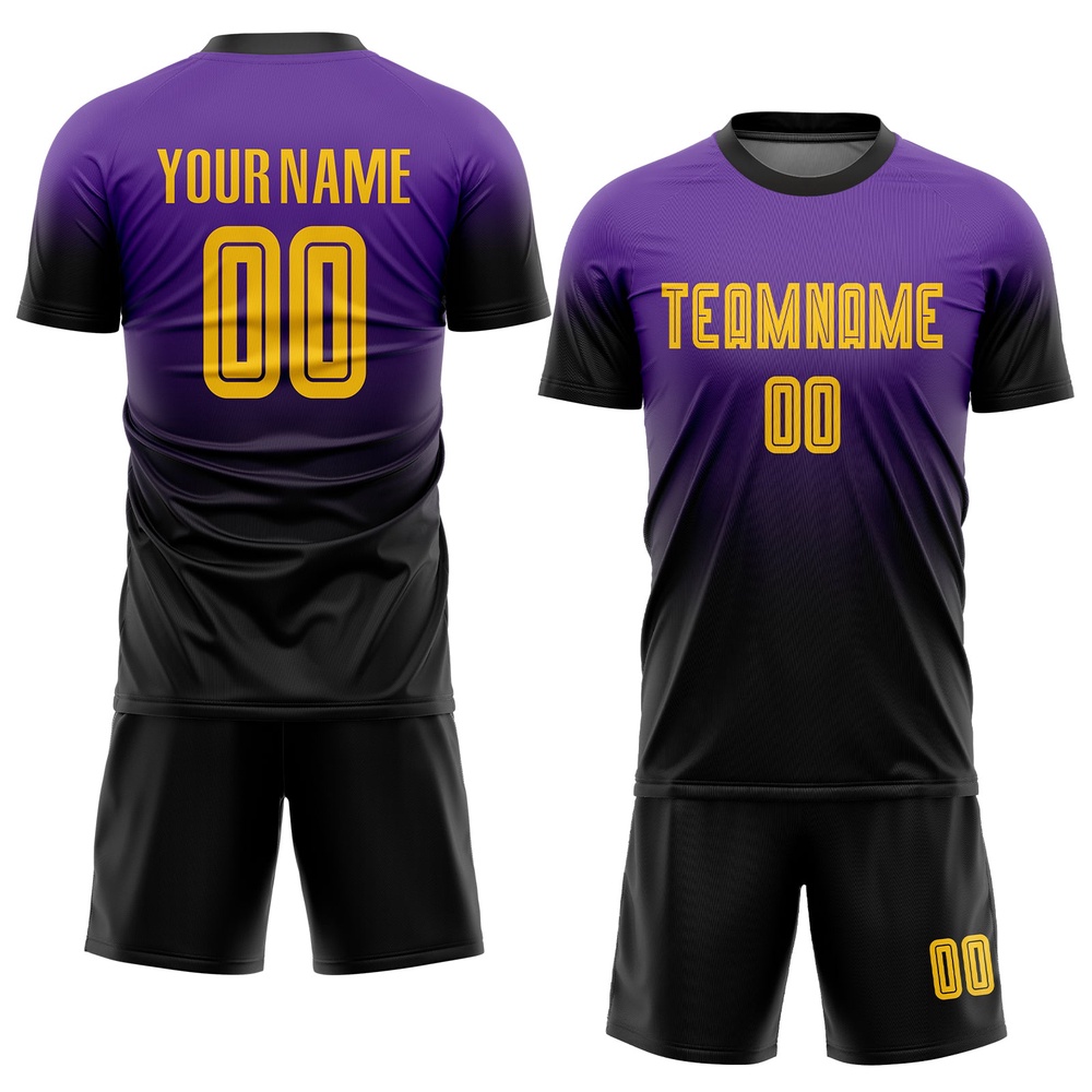 Purple Gold Black Sublimation Fade Fashion Soccer Uniform Jersey, Custom Team Soccer Jersey Shirt