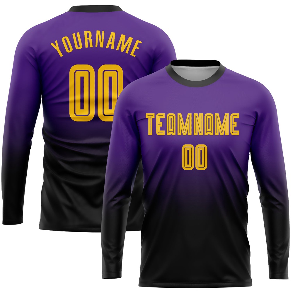 Purple Gold Black Sublimation Long Sleeve Fade Fashion Soccer Uniform Jersey, Custom Team Soccer Jersey Shirt