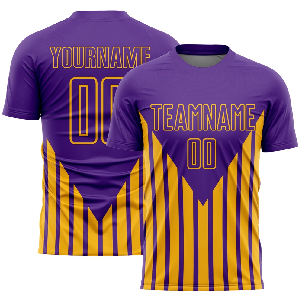Purple Gold Lines Sublimation Soccer Uniform Jersey, Custom Team Soccer Jersey Shirt