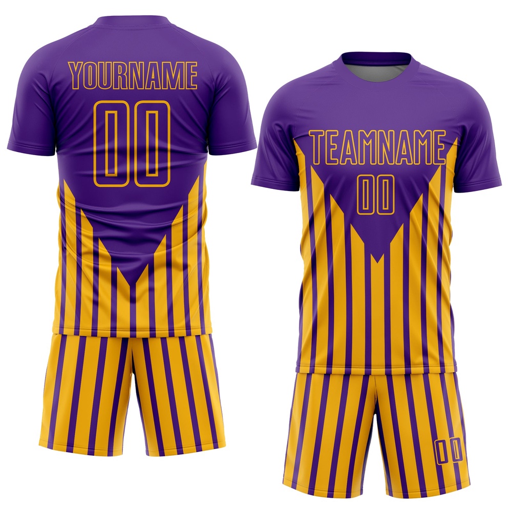 Purple Gold Lines Sublimation Soccer Uniform Jersey, Custom Team Soccer Jersey Shirt