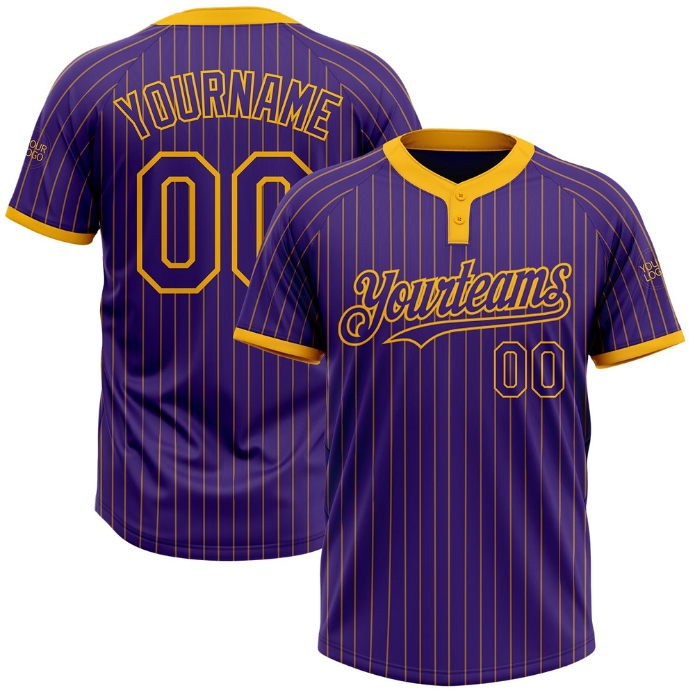 Purple Gold Pinstripe Gold Two Button Unisex Softball Jersey, Custom Team Softball Jersey