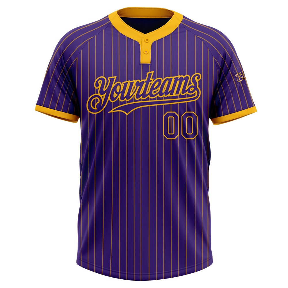 Purple Gold Pinstripe Gold Two Button Unisex Softball Jersey, Custom Team Softball Jersey