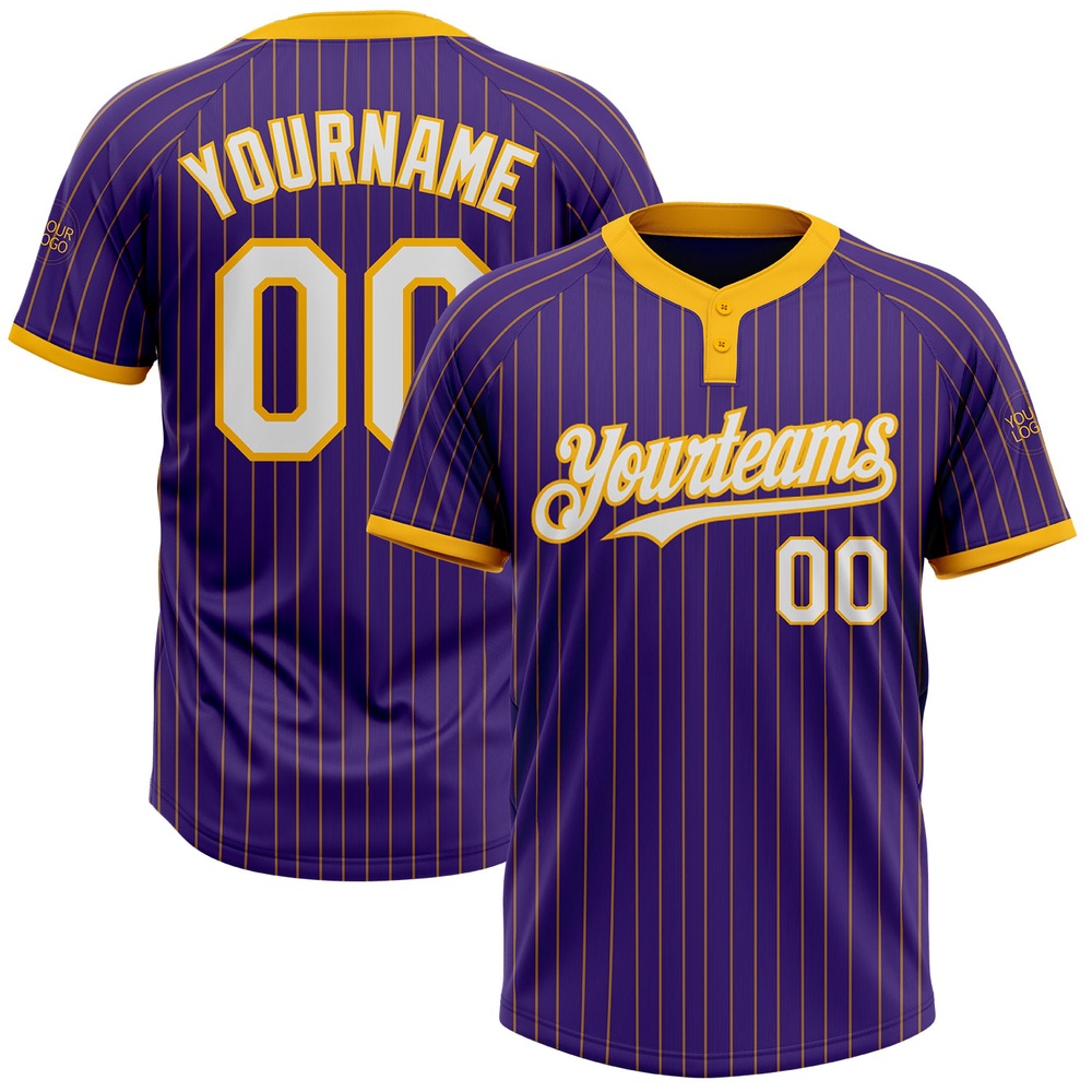 Purple Gold Pinstripe White Two Button Unisex Softball Jersey, Custom Team Softball Jersey