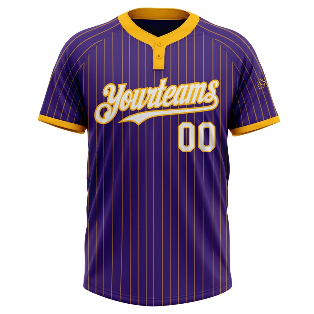Purple Gold Pinstripe White Two Button Unisex Softball Jersey, Custom Team Softball Jersey