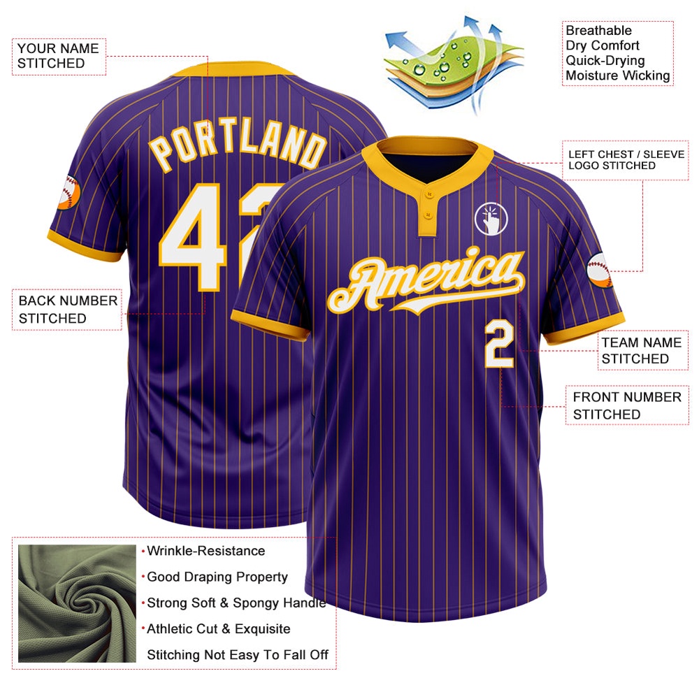 Purple Gold Pinstripe White Two Button Unisex Softball Jersey, Custom Team Softball Jersey