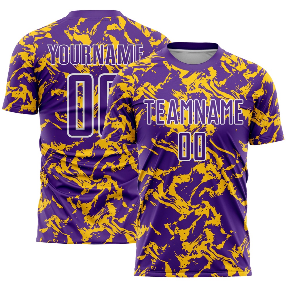 Purple Gold White Abstract Fluid Sublimation Soccer Uniform Jersey, Custom Team Soccer Jersey Shirt