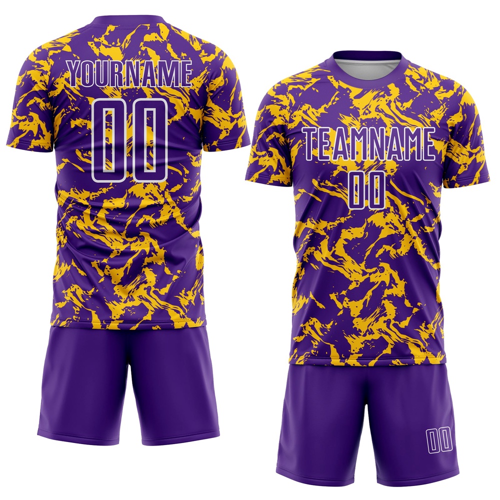 Purple Gold White Abstract Fluid Sublimation Soccer Uniform Jersey, Custom Team Soccer Jersey Shirt