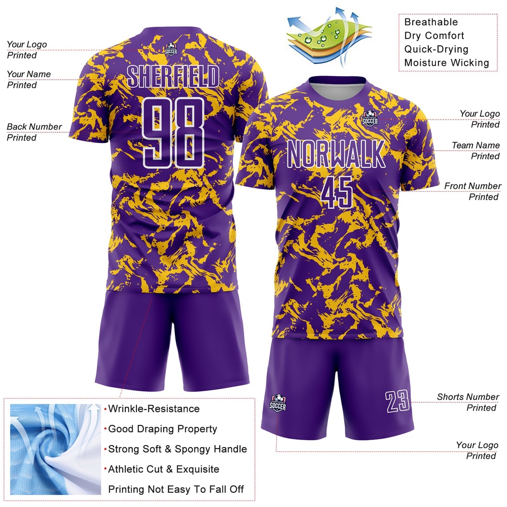 Purple Gold White Abstract Fluid Sublimation Soccer Uniform Jersey, Custom Team Soccer Jersey Shirt