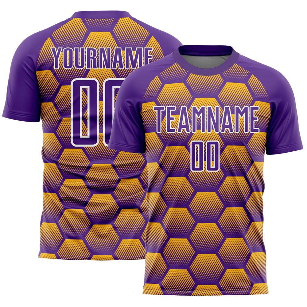 Purple Gold White Hexagons Pattern Sublimation Soccer Uniform Jersey, Custom Team Soccer Jersey Shirt