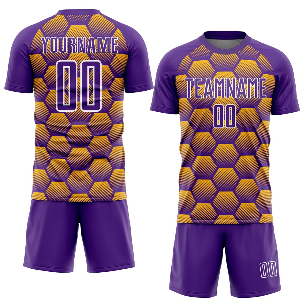 Purple Gold White Hexagons Pattern Sublimation Soccer Uniform Jersey, Custom Team Soccer Jersey Shirt
