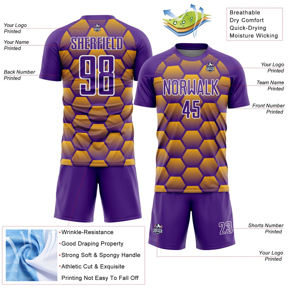 Purple Gold White Hexagons Pattern Sublimation Soccer Uniform Jersey, Custom Team Soccer Jersey Shirt