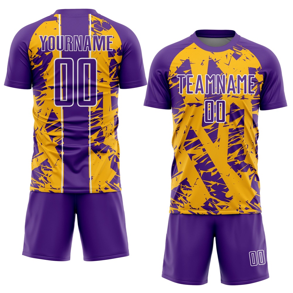 Purple Gold White Irregular Shapes Sublimation Soccer Uniform Jersey, Custom Team Soccer Jersey Shirt