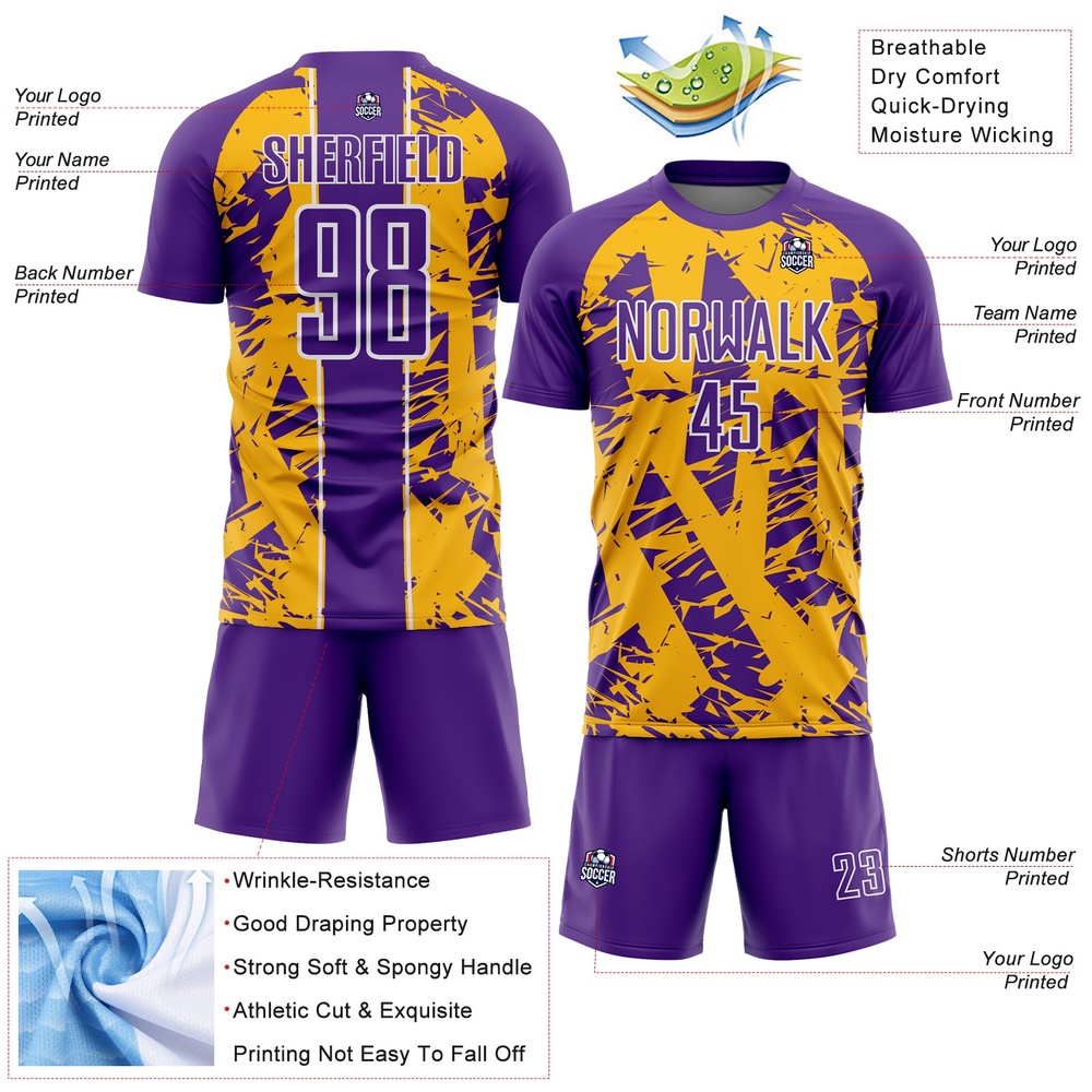 Purple Gold White Irregular Shapes Sublimation Soccer Uniform Jersey, Custom Team Soccer Jersey Shirt